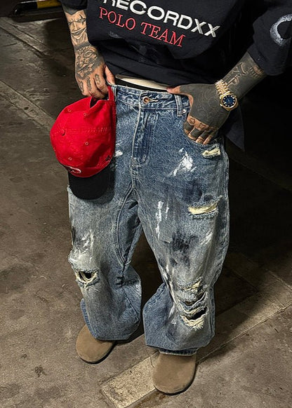 Distressed Paint - Splatter Ripped Wide - Leg Jeans - Rick Circus