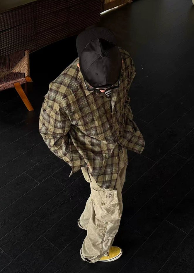Distressed Plaid Oversized Shirt - Rick Circus