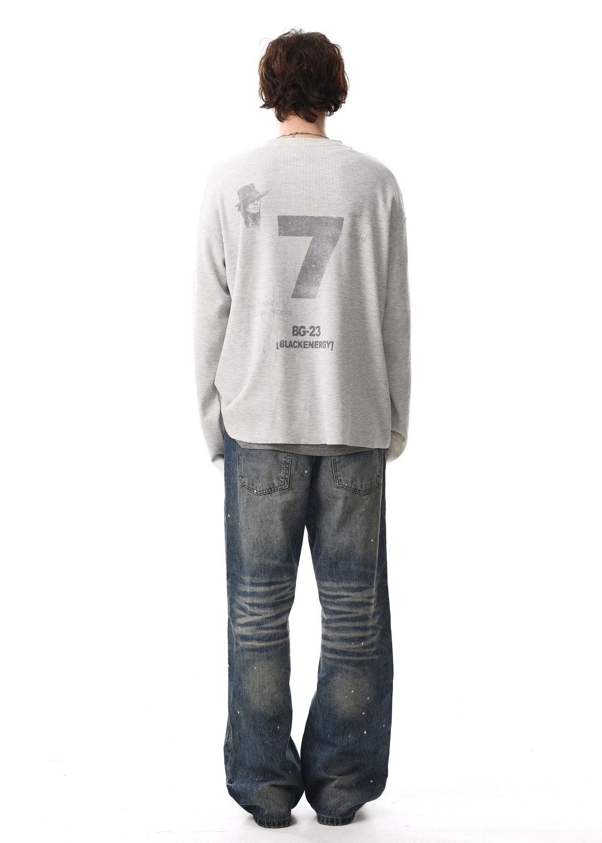 Distressed Printed Long Sleeve Waffle T-Shirt - Rick Circus