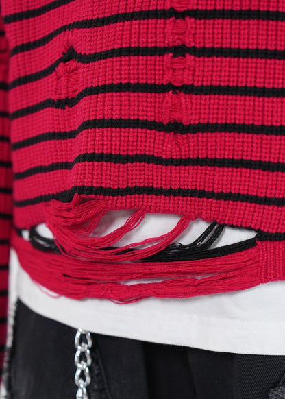 Distressed Red Striped Half - Zip Knit Sweater - Rick Circus