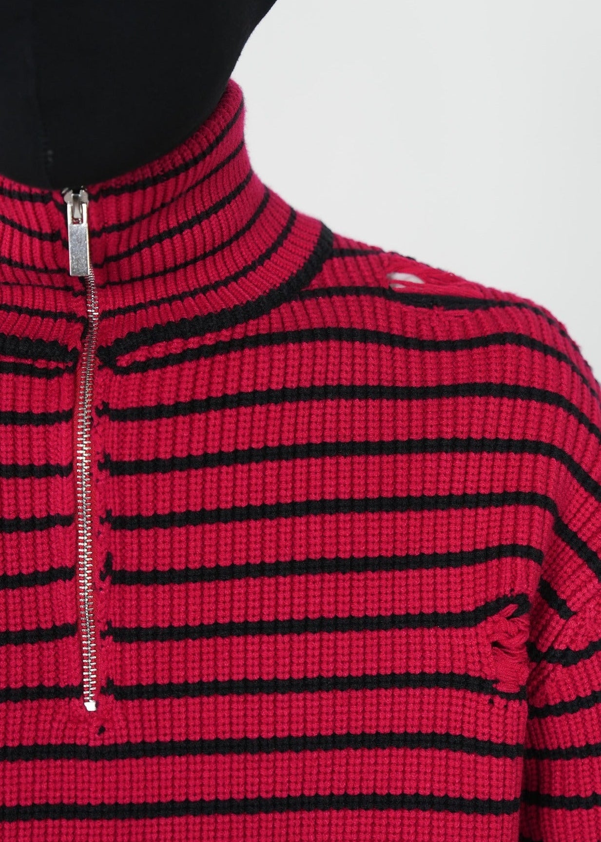 Distressed Red Striped Half - Zip Knit Sweater - Rick Circus