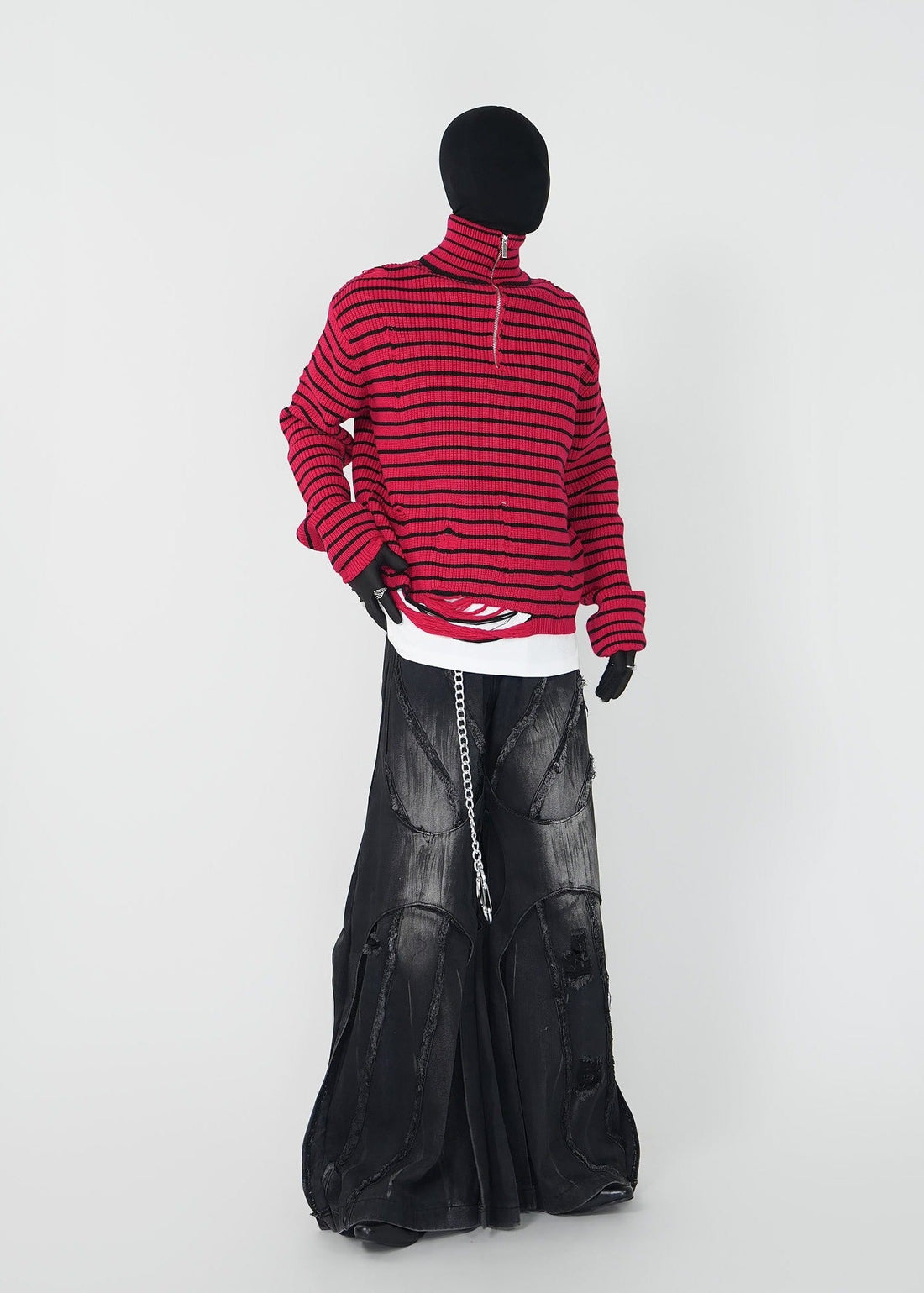 Distressed Red Striped Half - Zip Knit Sweater - Rick Circus