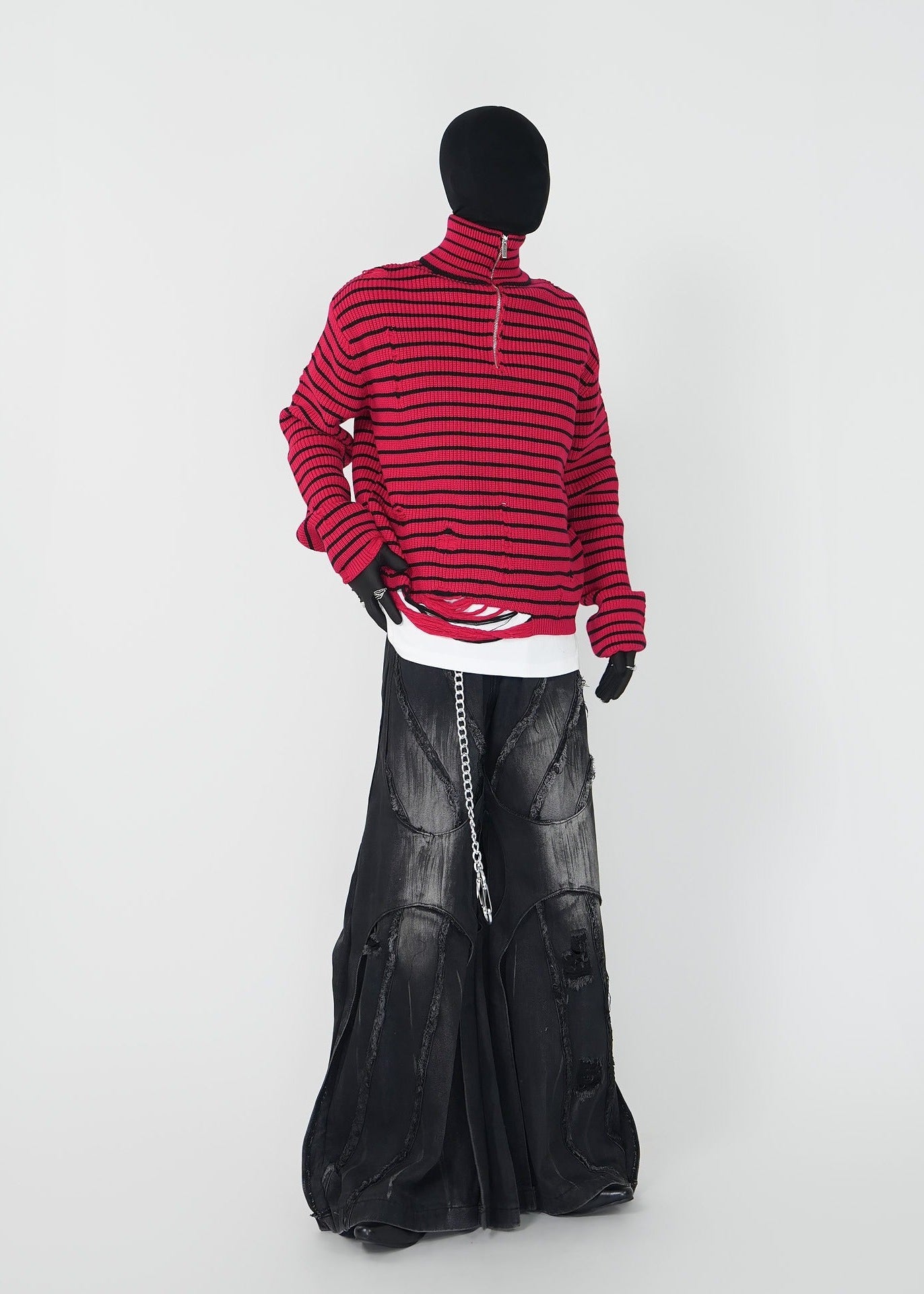 Distressed Red Striped Half - Zip Knit Sweater - Rick Circus