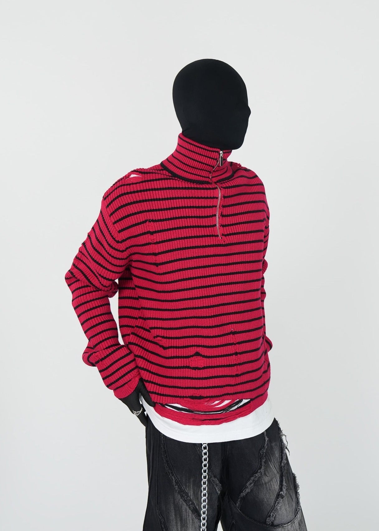Distressed Red Striped Half - Zip Knit Sweater - Rick Circus