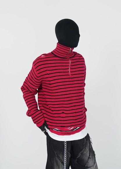 Distressed Red Striped Half - Zip Knit Sweater - Rick Circus