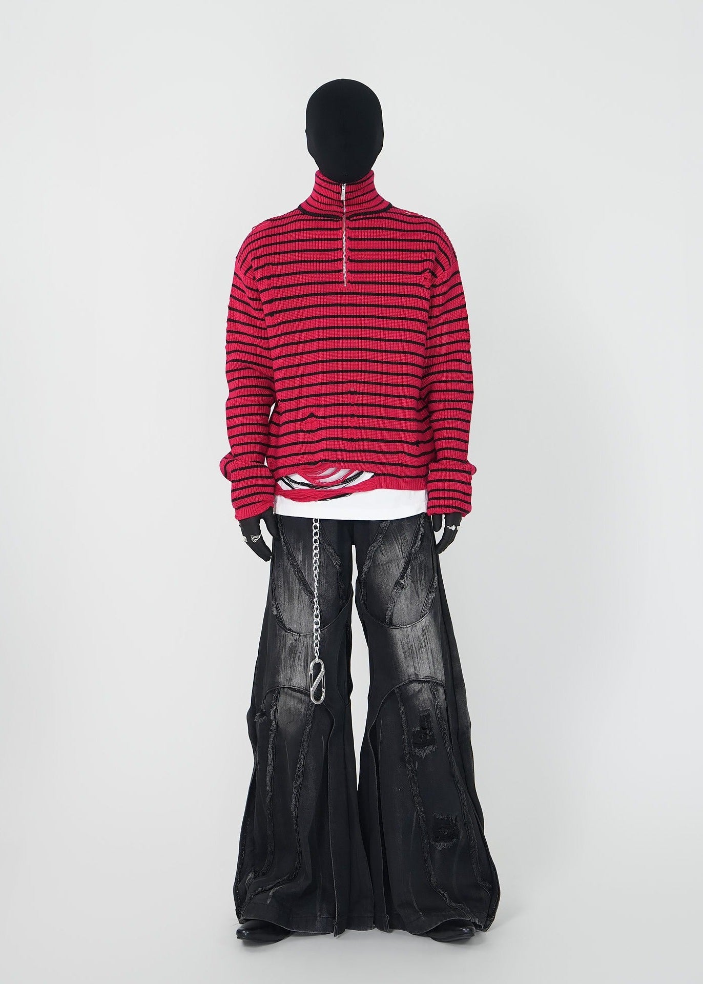 Distressed Red Striped Half - Zip Knit Sweater - Rick Circus