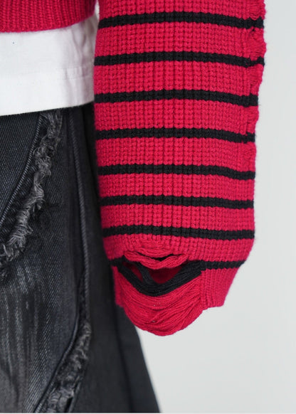 Distressed Red Striped Half - Zip Knit Sweater - Rick Circus