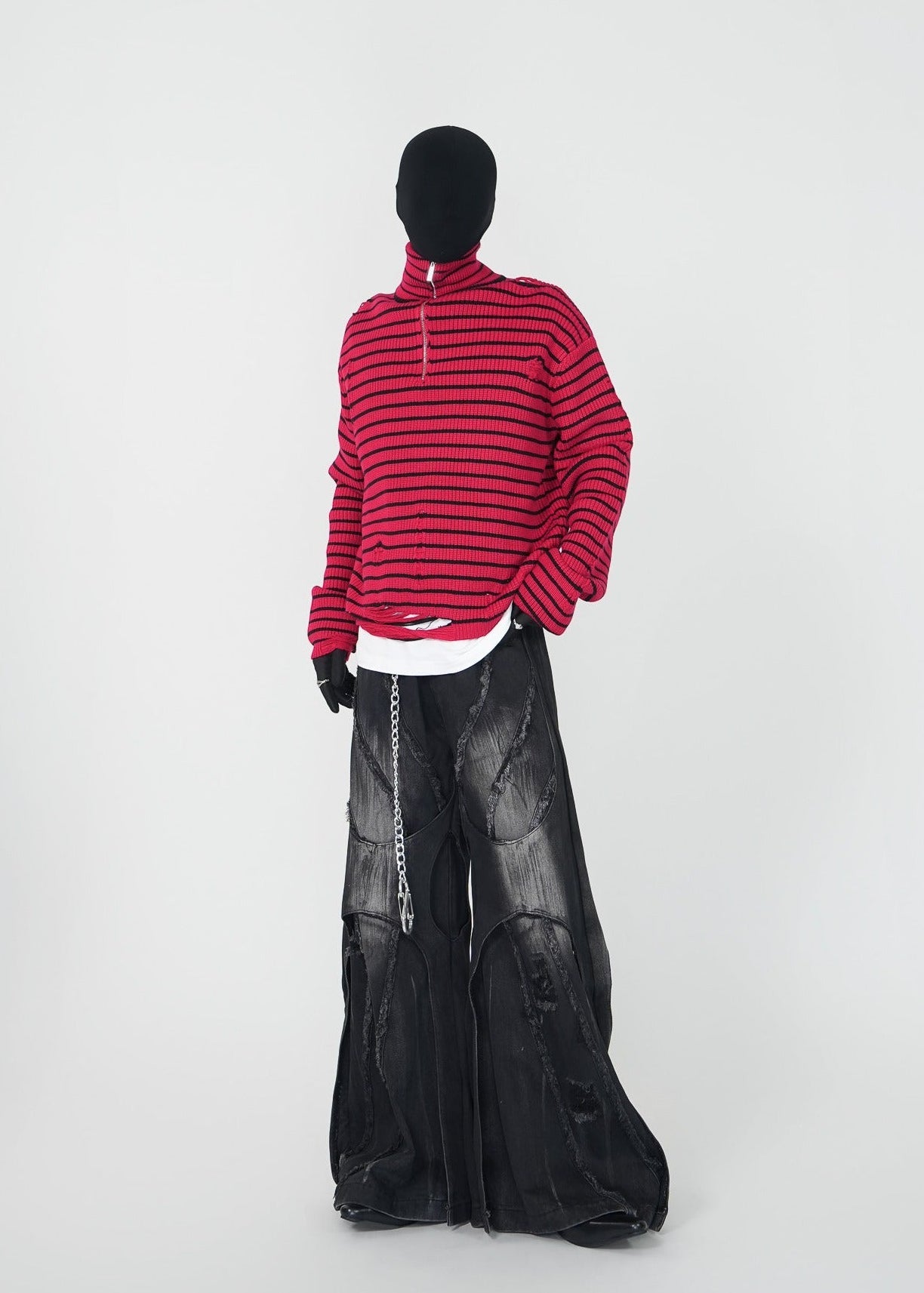 Distressed Red Striped Half - Zip Knit Sweater - Rick Circus