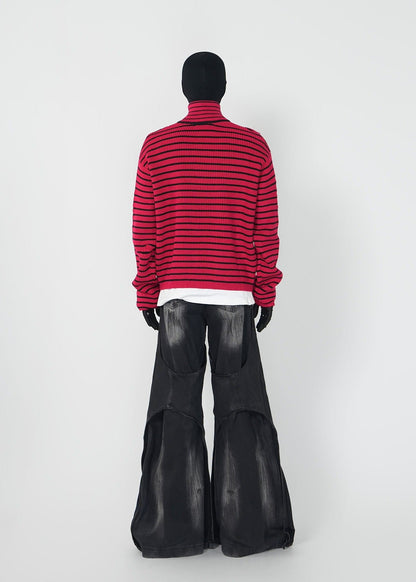 Distressed Red Striped Half - Zip Knit Sweater - Rick Circus