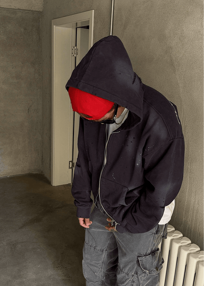 Distressed Splatter Print Zip Hoodie - Rick Circus