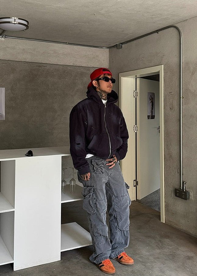 Distressed Splatter Print Zip Hoodie - Rick Circus