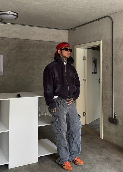 Distressed Splatter Print Zip Hoodie - Rick Circus