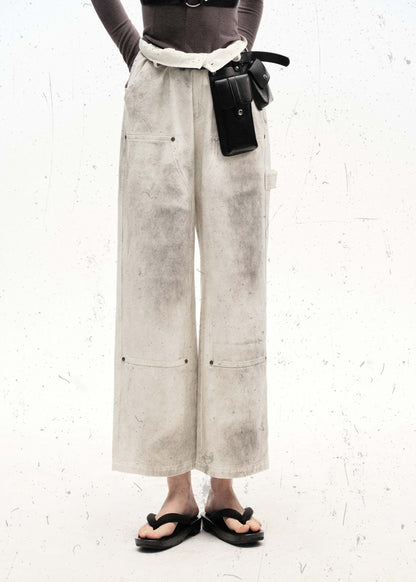 Distressed White Loose Fit Straight Leg Work Pants - Rick Circus