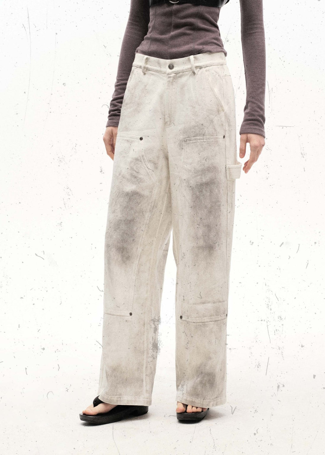 Distressed White Loose Fit Straight Leg Work Pants - Rick Circus