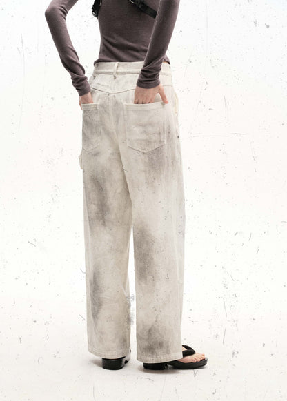 Distressed White Loose Fit Straight Leg Work Pants - Rick Circus
