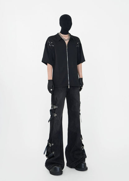 Double - Zip Snake Studded Short - Sleeve Shirt - Rick Circus