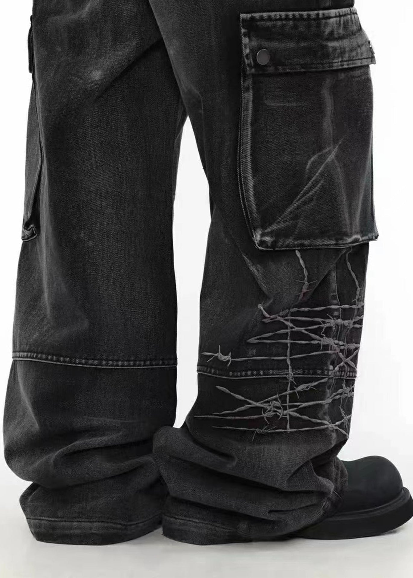 Embroidered Cargo Denim Pants - Rick Circus