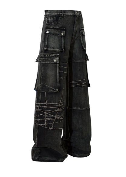 Embroidered Cargo Denim Pants - Rick Circus