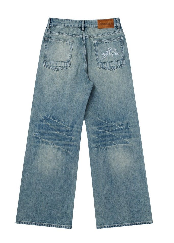 Embroidery Wide Leg Washed Denim Jeans - Rick Circus