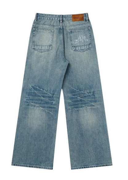 Embroidery Wide Leg Washed Denim Jeans - Rick Circus