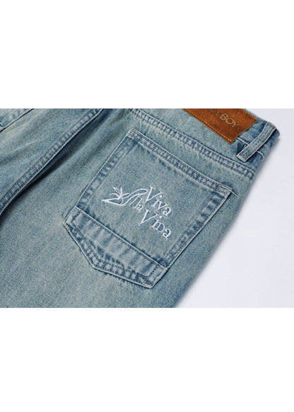 Embroidery Wide Leg Washed Denim Jeans - Rick Circus