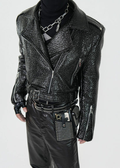 Glossy Textured PU Leather Jacket - Rick Circus