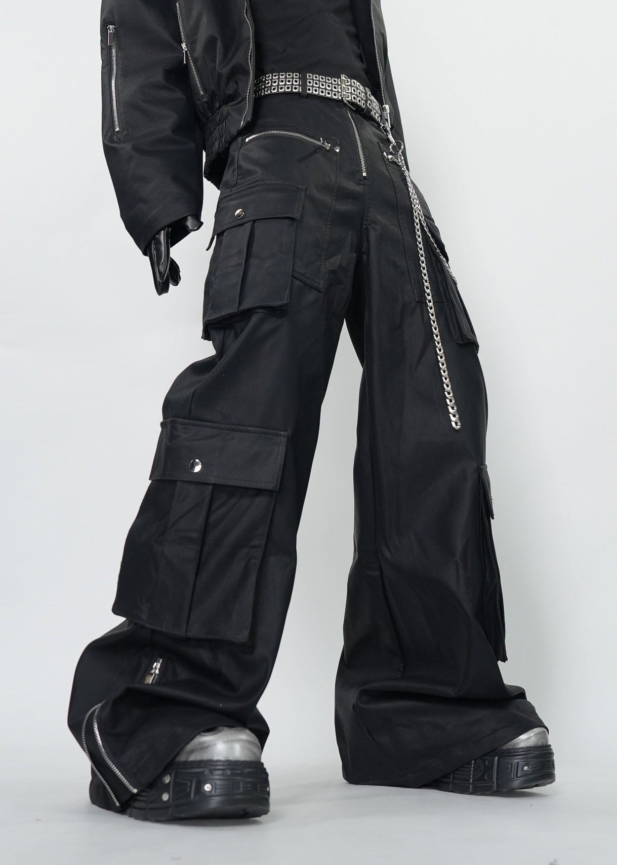 Gothic Dark Coated Multi - Pocket Wide Leg Cargo Pants - Rick Circus