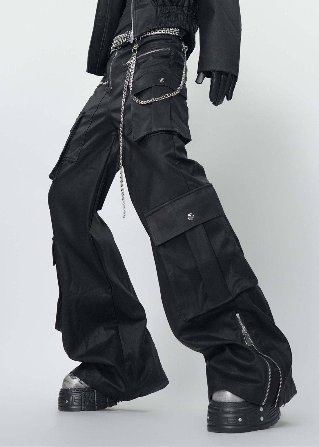 Gothic Dark Coated Multi - Pocket Wide Leg Cargo Pants - Rick Circus