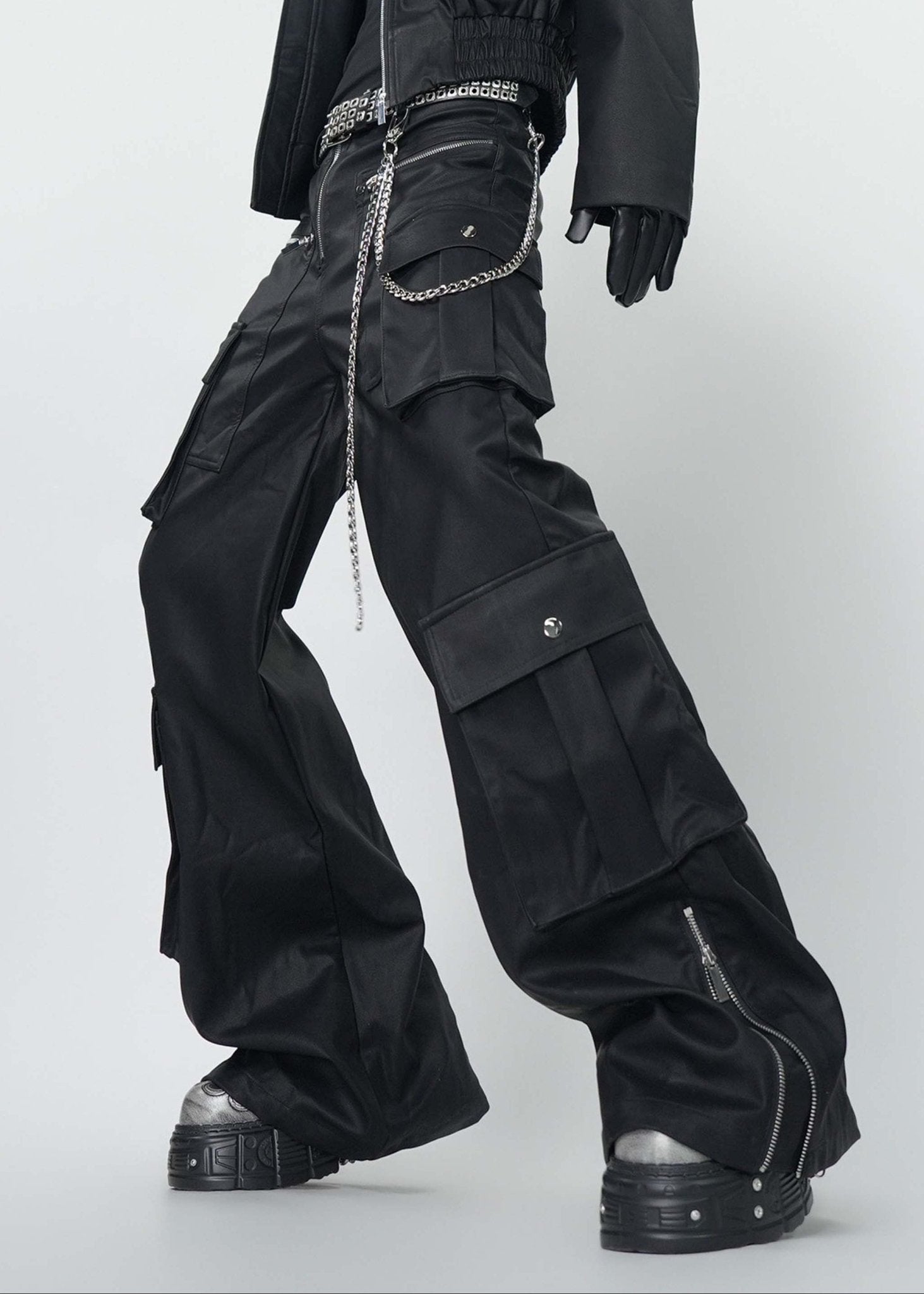 Gothic Dark Coated Multi - Pocket Wide Leg Cargo Pants - Rick Circus