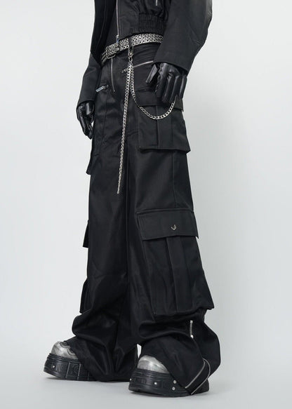 Gothic Dark Coated Multi - Pocket Wide Leg Cargo Pants - Rick Circus