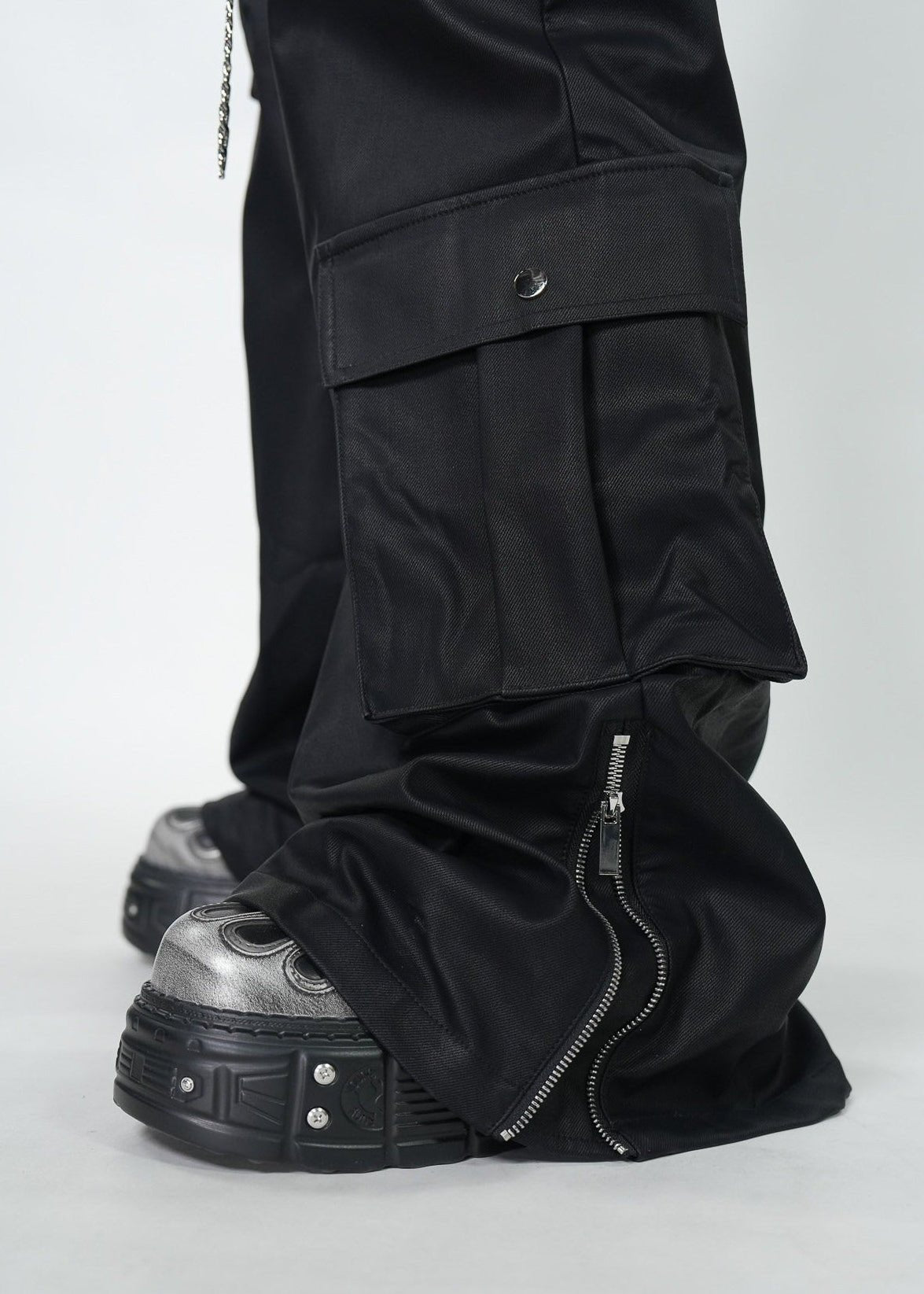 Gothic Dark Coated Multi - Pocket Wide Leg Cargo Pants - Rick Circus