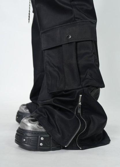 Gothic Dark Coated Multi - Pocket Wide Leg Cargo Pants - Rick Circus