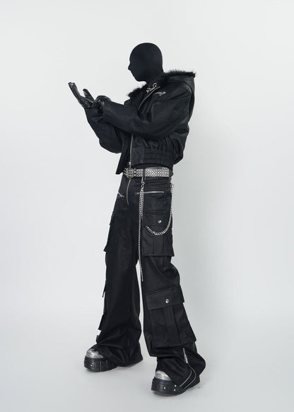 Gothic Dark Coated Multi - Pocket Wide Leg Cargo Pants - Rick Circus
