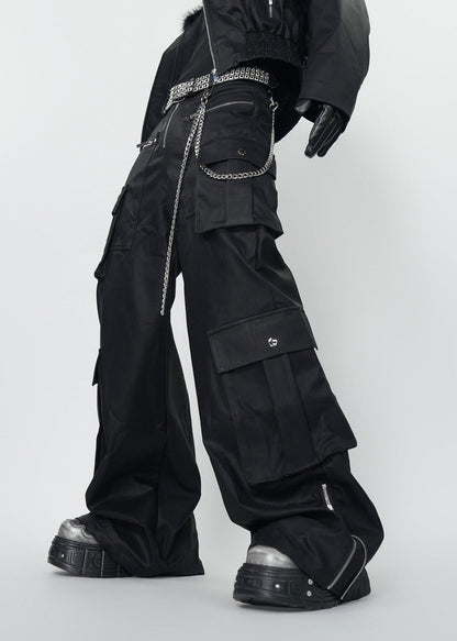 Gothic Dark Coated Multi - Pocket Wide Leg Cargo Pants - Rick Circus