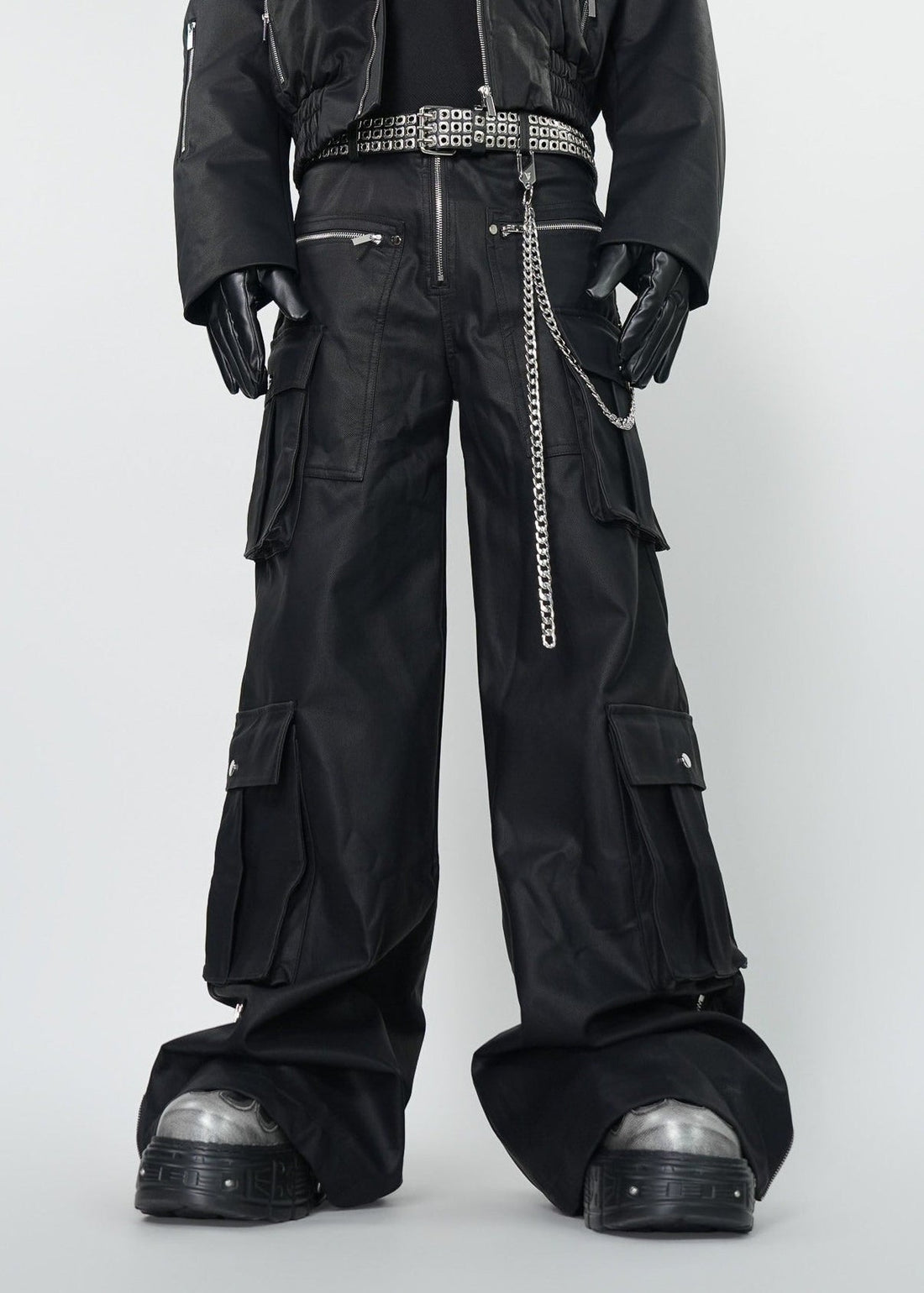 Gothic Dark Coated Multi - Pocket Wide Leg Cargo Pants - Rick Circus