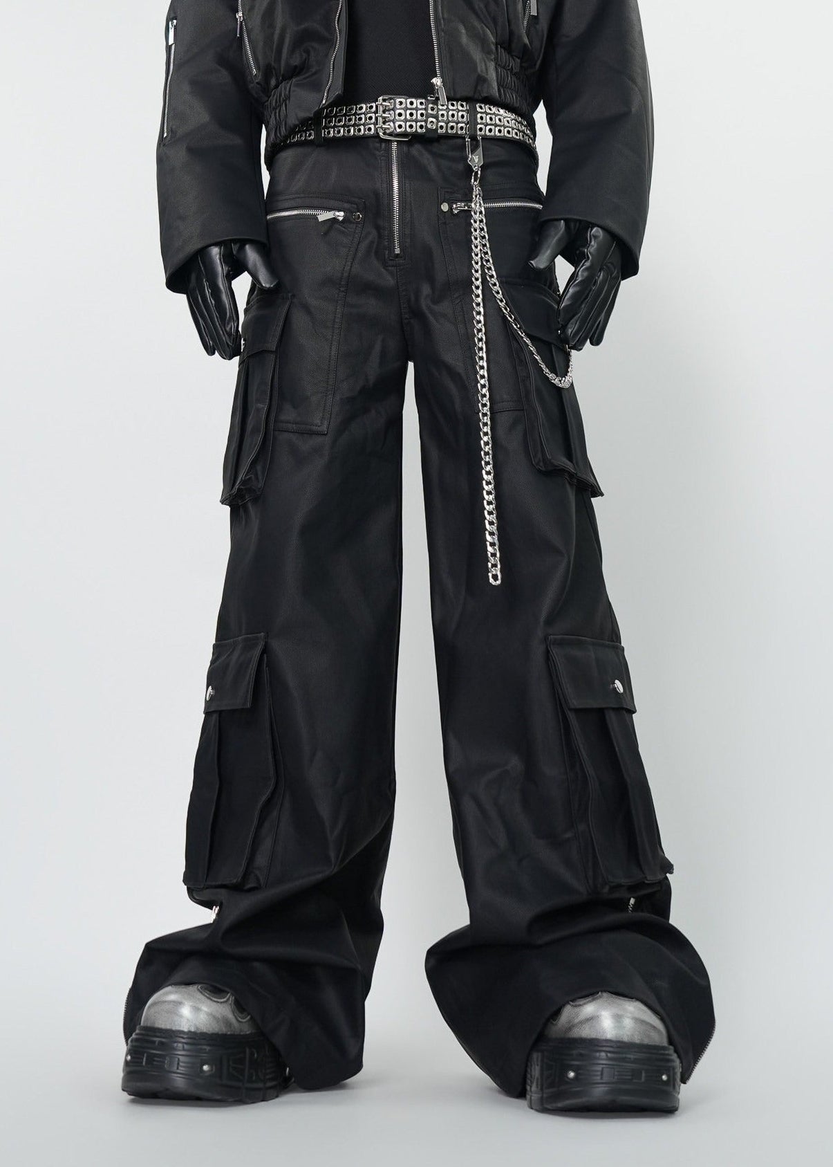 Gothic Dark Coated Multi - Pocket Wide Leg Cargo Pants - Rick Circus