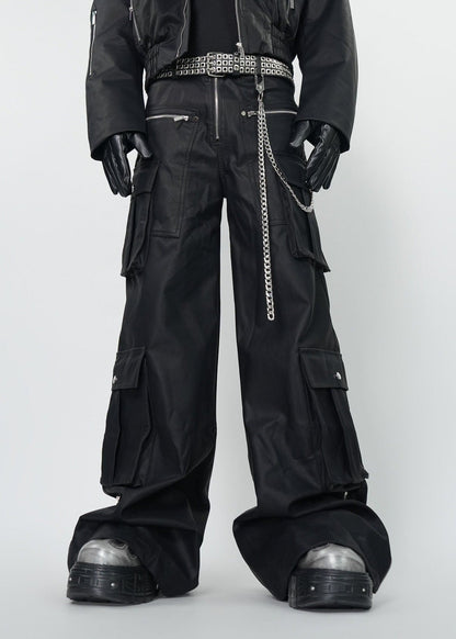 Gothic Dark Coated Multi - Pocket Wide Leg Cargo Pants - Rick Circus