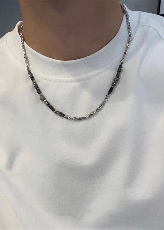 Irregular Stainless Steel &amp; Black Onyx Beaded Necklace - Rick Circus