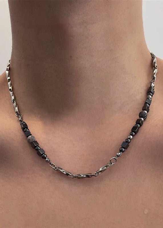 Irregular Stainless Steel &amp; Black Onyx Beaded Necklace - Rick Circus