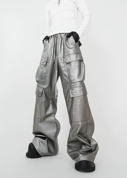 Matte Silver Wax - Coated Wide - Leg Cargo Jeans - Rick Circus