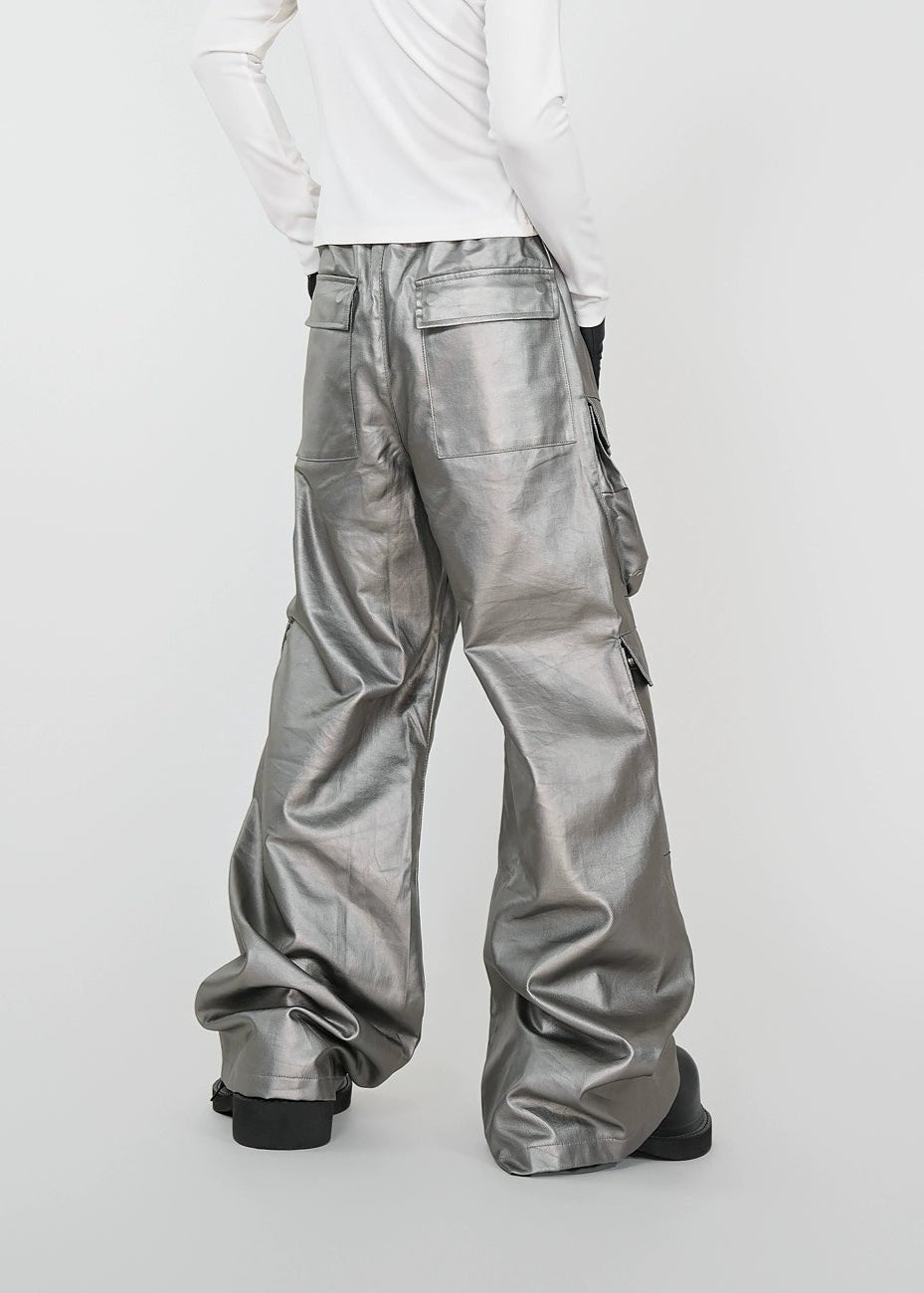 Matte Silver Wax - Coated Wide - Leg Cargo Jeans - Rick Circus