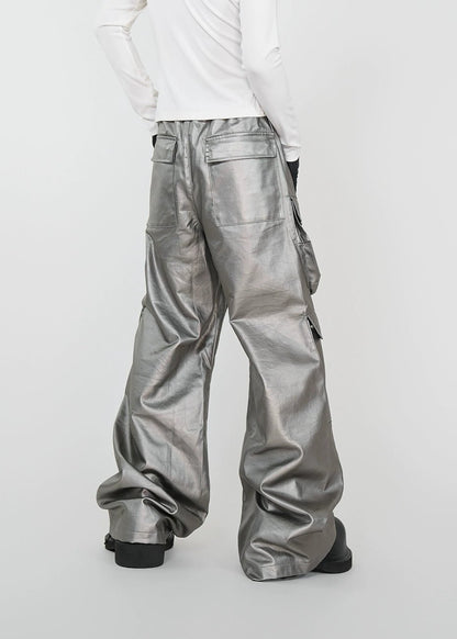 Matte Silver Wax - Coated Wide - Leg Cargo Jeans - Rick Circus