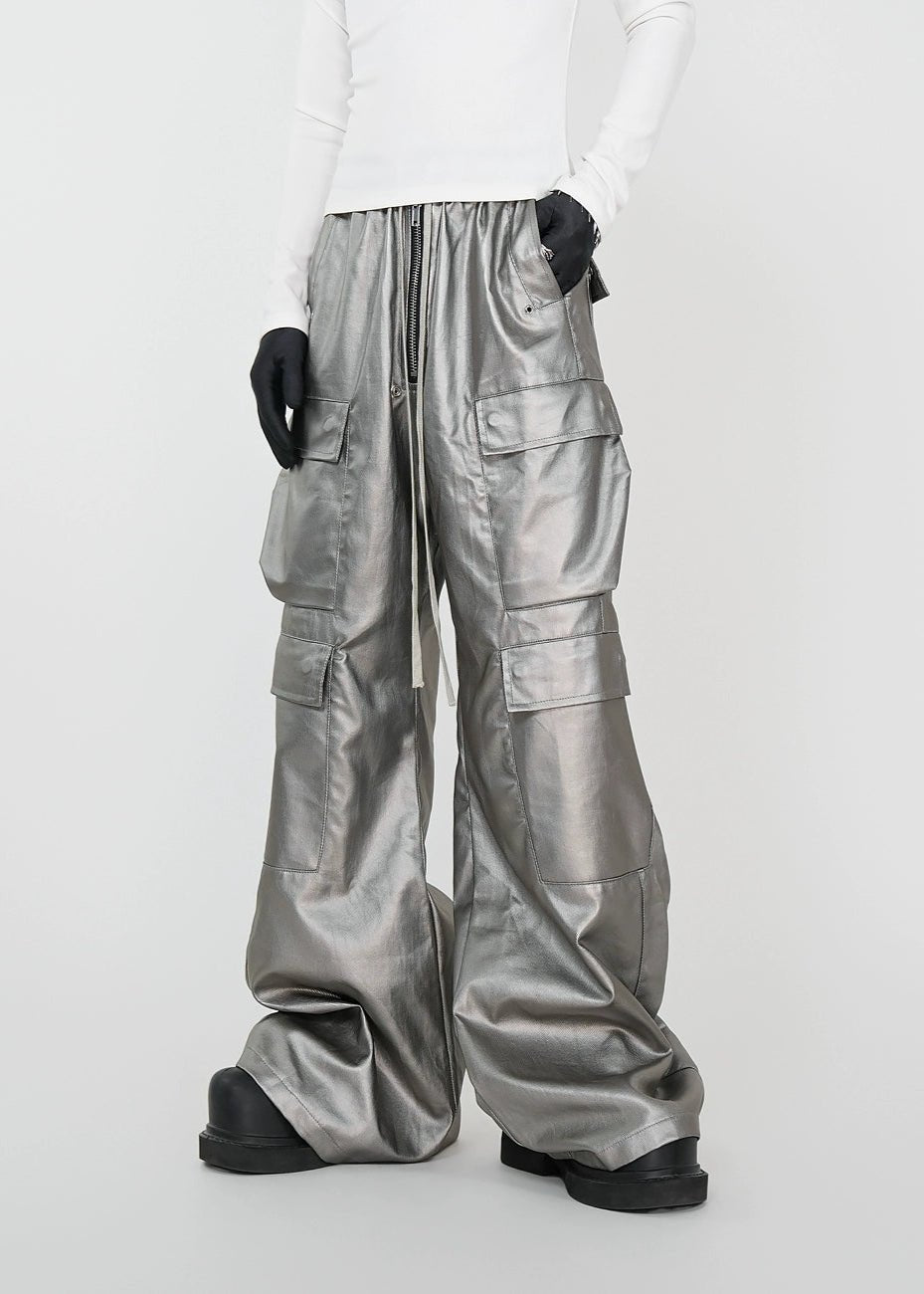Matte Silver Wax - Coated Wide - Leg Cargo Jeans - Rick Circus