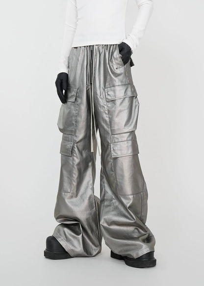 Matte Silver Wax - Coated Wide - Leg Cargo Jeans - Rick Circus