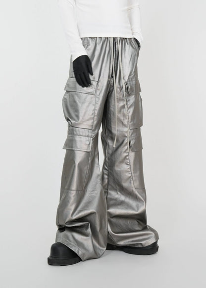 Matte Silver Wax - Coated Wide - Leg Cargo Jeans - Rick Circus
