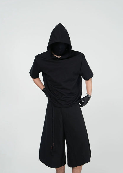 Minimalist Black Hooded Short Sleeve T-Shirt - Rick Circus