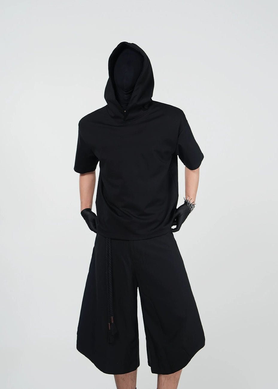 Minimalist Black Hooded Short Sleeve T-Shirt - Rick Circus