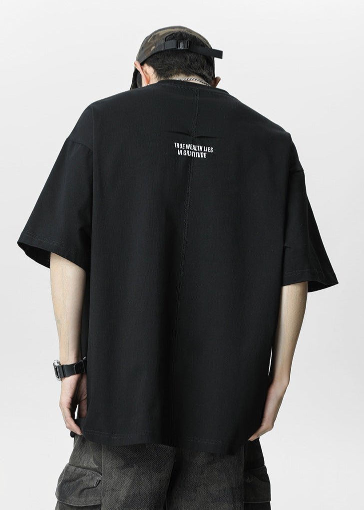 Minimalist Embroidered Oversized T-Shirt with Gratitude Back Print - Rick Circus