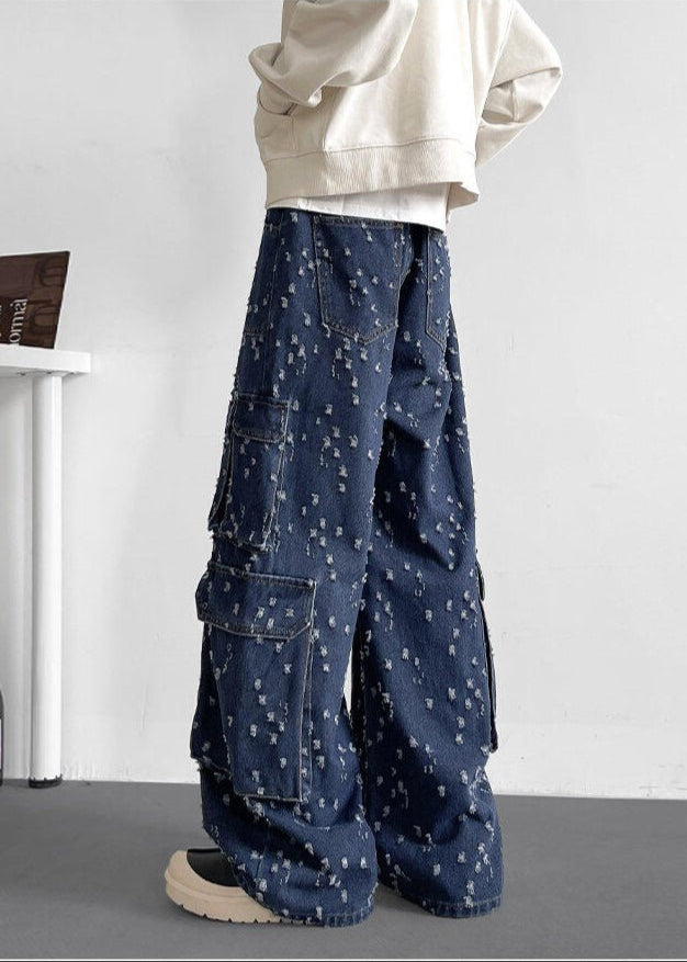 Multi - Pocket Distressed Denim Cargo Pants - Rick Circus