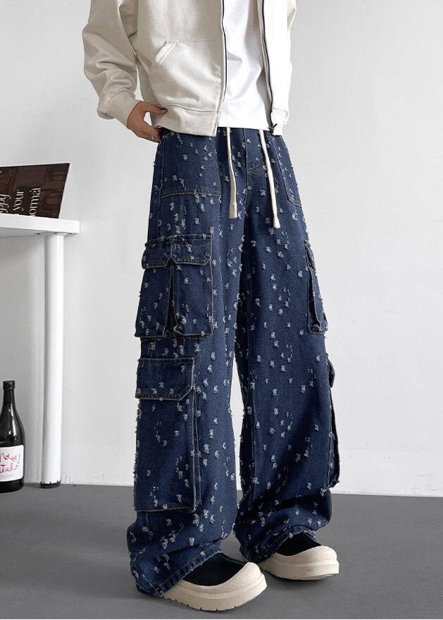 Multi - Pocket Distressed Denim Cargo Pants - Rick Circus